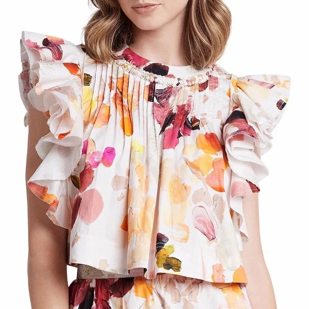 Aje White Multicolor Dassia Floral Frill Sleeve Relaxed Top Size 6